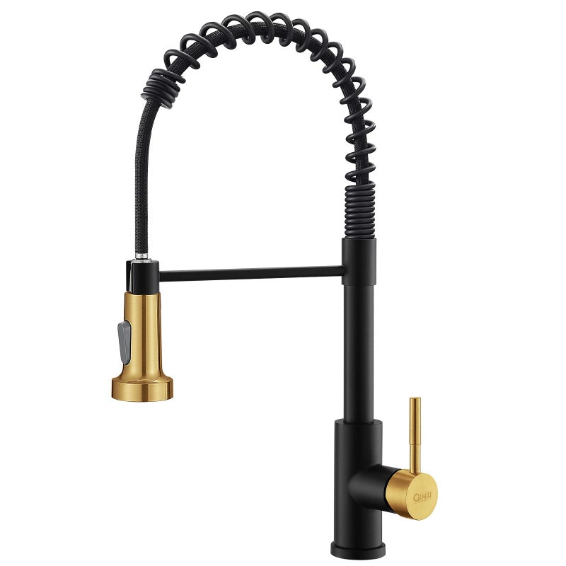GIMILI Kitchen Faucet with Pull Down Sprayer Single Hole Stainless Steel Sink Faucet, Suitable for Farmhouses, RV, Laundry Room, Outdoor, and Campers. Llave para fregadero de cocina Black and Gold - Image 1